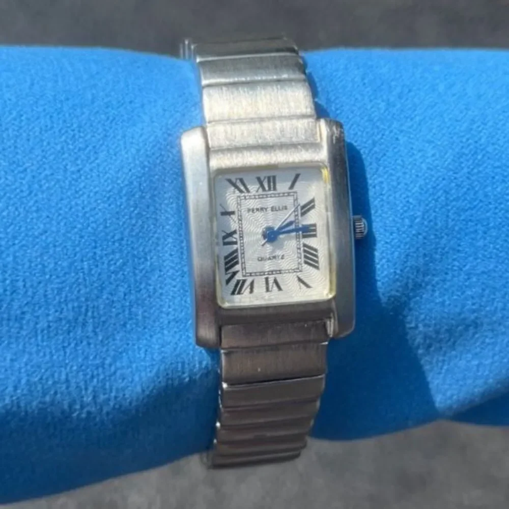 Vintage Perry Ellis Rectangular Silver Tank Watch (PC21S Movement)